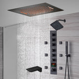 20-Inch or 24-Inch Matte Black Flush Mount Rainfall Waterfall Shower System: Complete with 6-Way Thermostatic Valve and 6 Body Jets and  Regular Head and Tub Spout