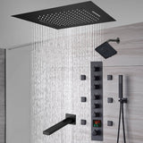 20-Inch or 24-Inch Matte Black Flush Mount Rainfall Waterfall Shower System: Complete with 6-Way Thermostatic Valve and 6 Body Jets and  Regular Head and Tub Spout