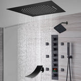 20-Inch or 24-Inch Matte Black Flush Mount Rainfall Waterfall Shower System: Complete with 6-Way Thermostatic Valve and 6 Body Jets and  Regular Head and Tub Spout
