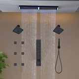 Flush Mount 32 x 8 inch Rainfall 64 LED Light Shower Head with 6-Way Thermostatic Faucet and High-Pressure Dual Regular Heads,6 body jets