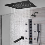 20-Inch or 24-Inch Matte Black Flush Mount Rainfall Waterfall Shower System: Complete with 6-Way Thermostatic Valve and 6 Body Jets and  Regular Head and Tub Spout