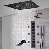 20-Inch or 24-Inch Matte Black Flush Mount Rainfall Waterfall Shower System: Complete with 6-Way Thermostatic Valve and 6 Body Jets and  Regular Head and Tub Spout
