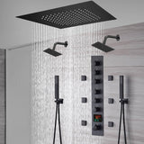 20-Inch or 24-Inch Matte Black Flush Mount Rainfall Shower System: Complete with 6-Way Thermostatic Valve and 6 Body Jets and Dual Regular Heads