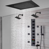 20-Inch or 24-Inch Matte Black Flush Mount Rainfall Shower System: Complete with 6-Way Thermostatic Valve and 6 Body Jets and Dual Regular Heads and Tub Spout