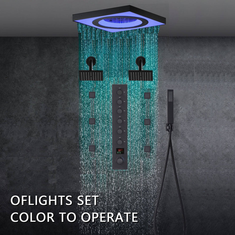 24" Flush LED Mount Rainfall Waterfall 6-Way Digital Shower System With Dual Regular Head and 6 Body Jets