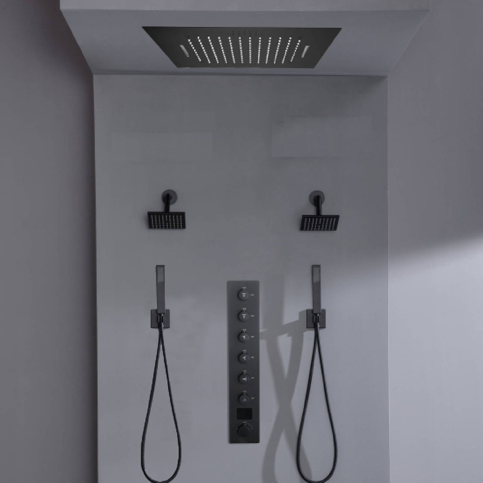 Flush mount 20 inch Rainfall Waterfall shower head 6 way Digital display thermostatic Shower Faucet with Dual Regular Heads