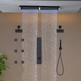 Flush Mount 32 x 8 inch Rainfall 64 LED Light Shower Head with 6-Way Thermostatic Faucet and High-Pressure Dual Regular Heads,6 body jets