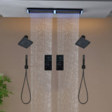 Flush Mount 32 x 8 inch Rainfall 64 LED Light Shower Head with 6-Way Digital Display Touch Panel Thermostatic Faucet and High-Pressure Dual Regular Heads