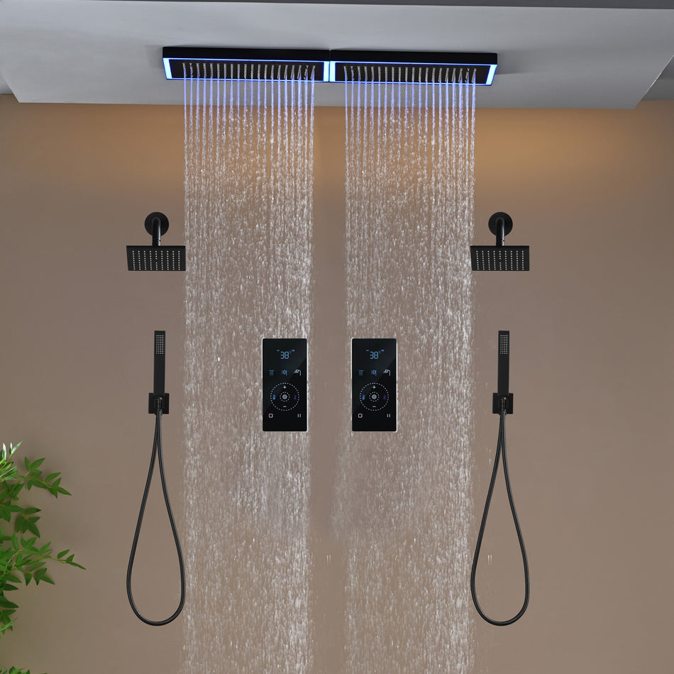 Flush Mount 32 x 8 inch Rainfall 64 LED Light Shower Head with 6-Way Digital Display Touch Panel Thermostatic Faucet and High-Pressure Dual Regular Heads