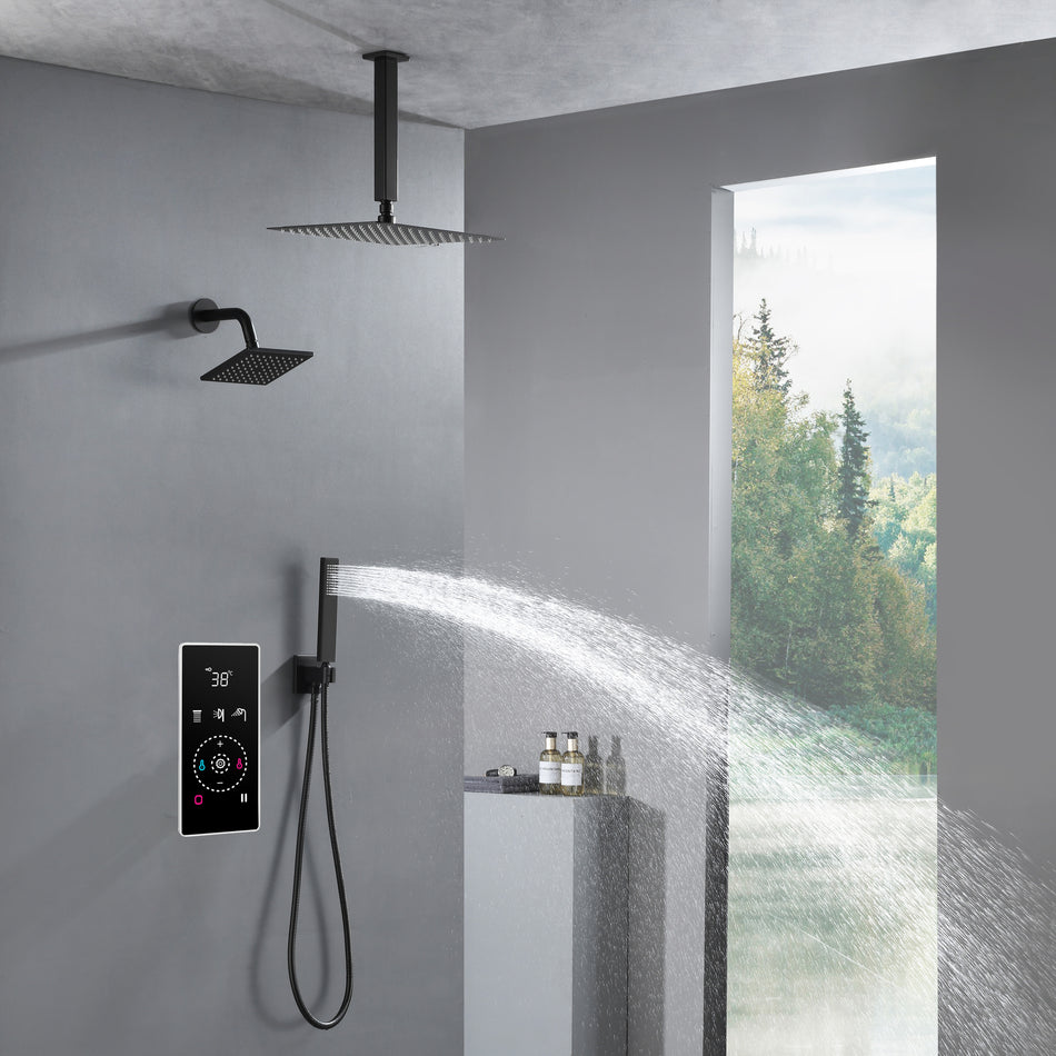 3 Way Thermal Digital Touchscreen Shower Faucet with regular head and rainfall head,Handle Shower