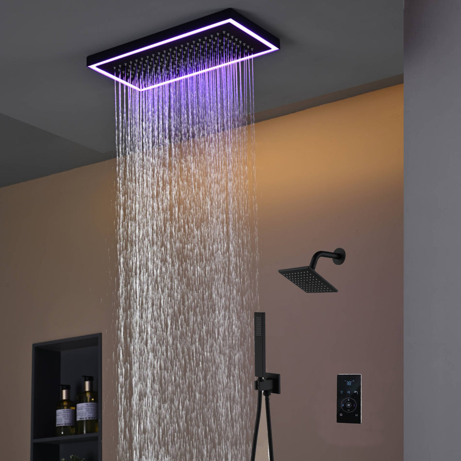 Matte Black or Brushed Gold or Brushed Nickel 16 x 8 inch rainfall Flush mount  Shower Head 3-Way digital display touch panel Shower Faucet with 6'' regular head