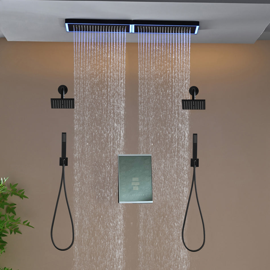 Flush Mount 32 x 8 inch Rainfall 64 LED Light Shower Head with 6-Way Digital display touch panel Thermostatic Faucet and High-Pressure Regular Heads