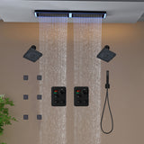 Flush Mount 32 x 8 inch Rainfall 64 LED Light Shower Head with 6-Way Thermostatic Faucet and High-Pressure Dual Regular Heads,6 body jets