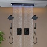 Flush Mount 32 x 8 inch Rainfall 64 LED Light Shower Head with 6-Way Thermostatic Faucet and High-Pressure Dual Regular Heads