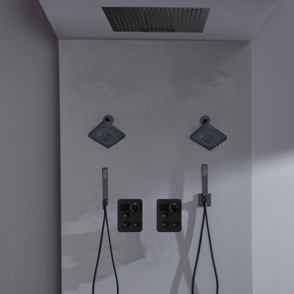 20 inch flush mount 64 LED light Bluetooth Music rainfall waterfall shower head 6 way thermostatic shower faucet with dual handle wands and  dual regular heads