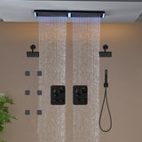 Flush Mount 32 x 8 inch Rainfall 64 LED Light Shower Head with 6-Way Thermostatic Faucet and High-Pressure Dual Regular Heads,6 body jets
