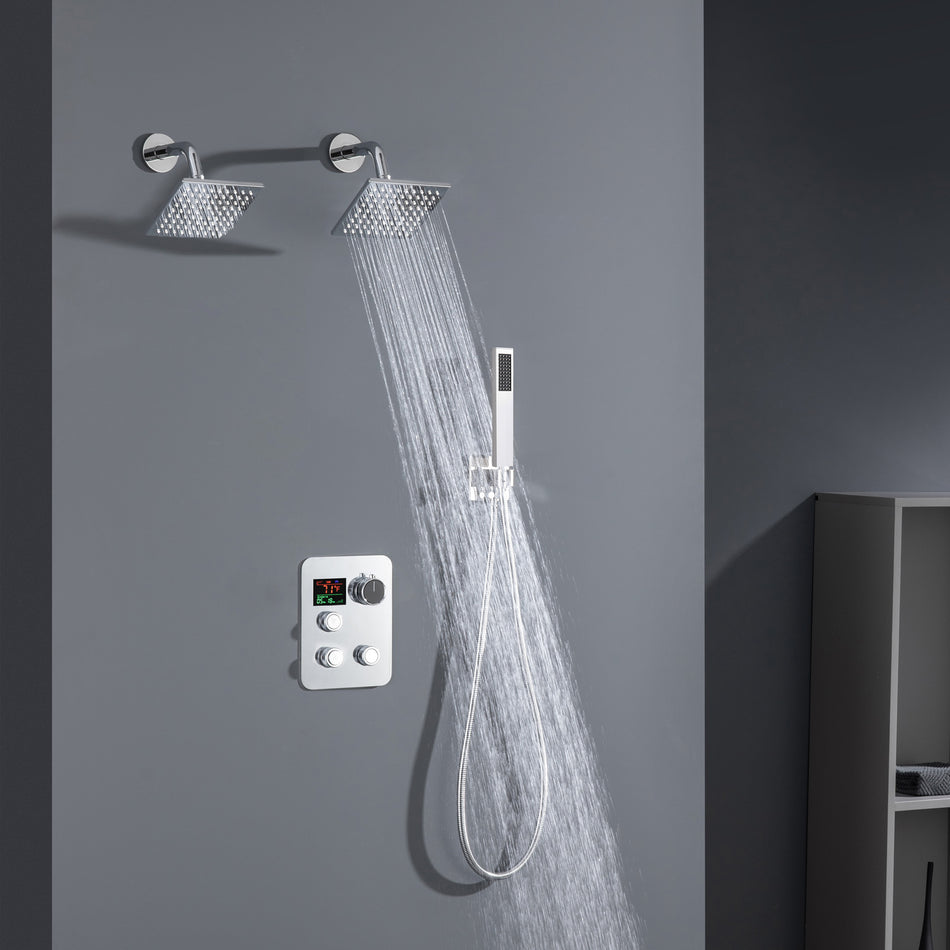 Brushed Gold Or Brushed Nickel or Matte Black or chrome or oil rubber bronze 3-Way Thermostatic Shower Valve System with Dual Regular Heads - Simultaneous or Separate Functionality