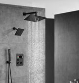 Matte Black Wall Mount 6" Regular Shower Head with 12" or 16" Rainfall Head, 3-Way Thermostatic System