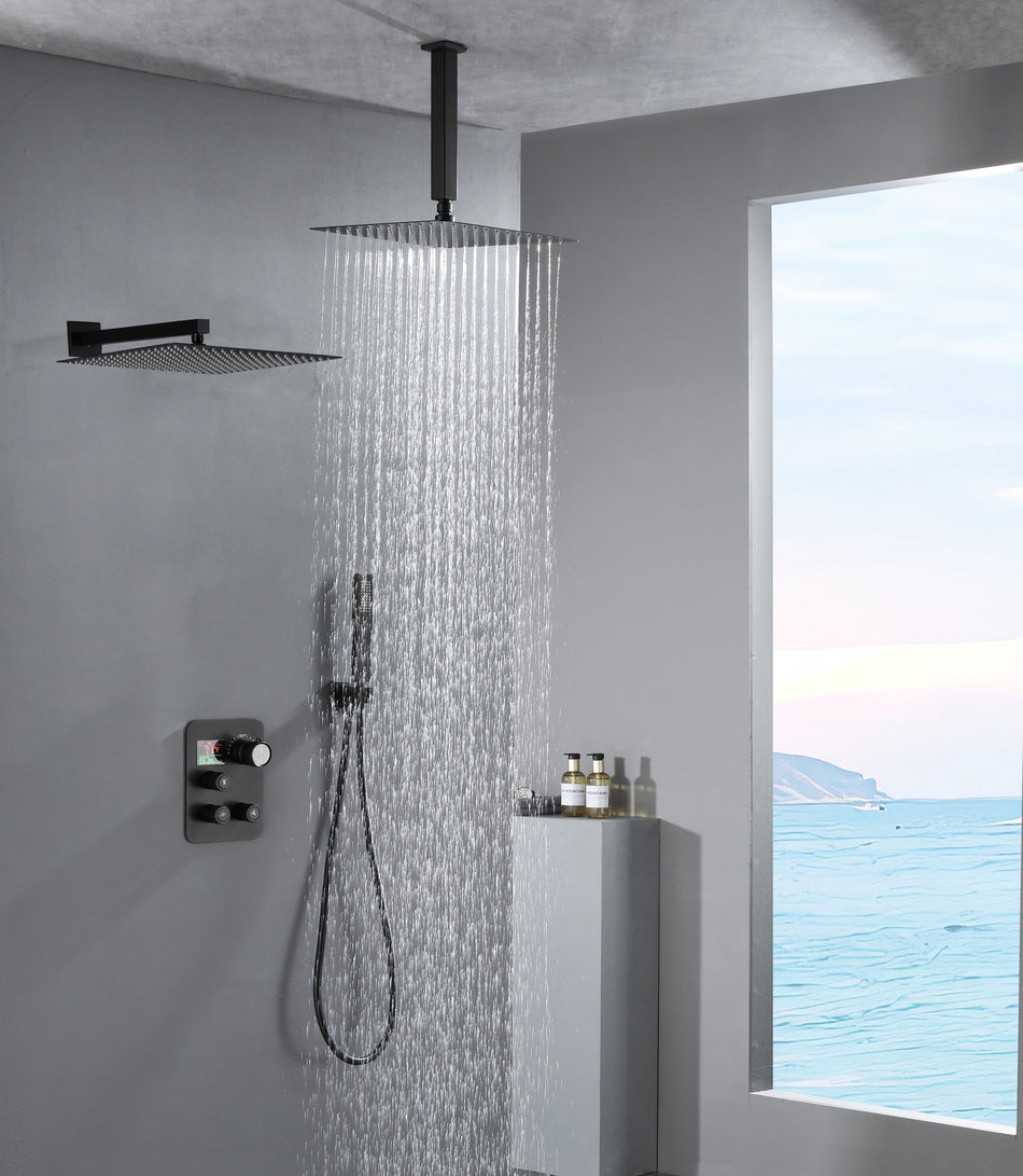 matte black wall mount rainfall shower head ceiling mount rainfall shower head 3 way thermostatic shower faucet each function work all together and separately