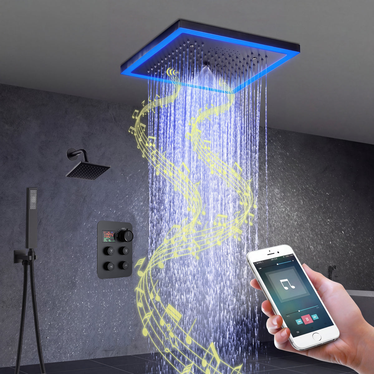 Matte Black 12-Inch Flush-Mount Shower Faucet Set: 4-Way Thermostatic Control, 64-Color LED Lights, Bluetooth Music, Regular Head - Available With or Without Digital Display - wonderland shower inc