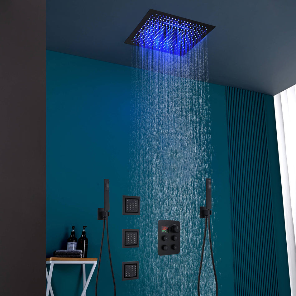16" or 20" Flush Mount LED Rain Head Shower System with Dual Handle Wands and 3 Body Jets