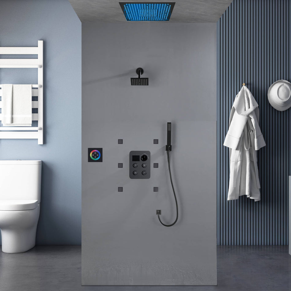 Flush Mount Shower Faucet Set with 4-Way Digital Thermostatic Control, 64-Color LED Lights