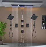 Flush Mount 48 x 8 inch Rainfall Waterfall 64 LED Light Shower Head with 8-Way Thermostatic Faucet and High-Pressure Wall Mount Regular Shower Head and 3 Body Jets