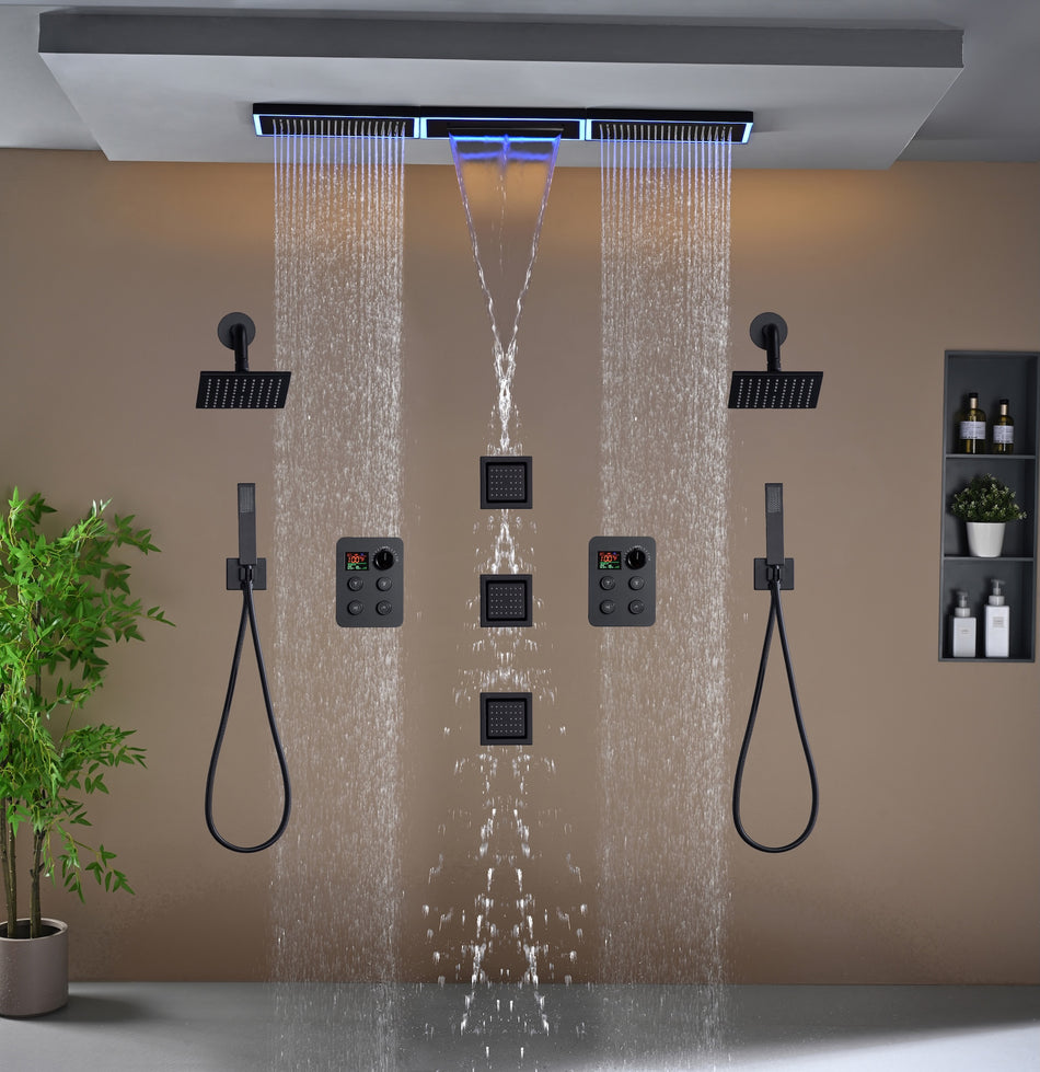 Flush Mount 48 x 8 inch Rainfall Waterfall 64 LED Light Shower Head with 8-Way Thermostatic Faucet and High-Pressure Wall Mount Regular Shower Head and 3 Body Jets