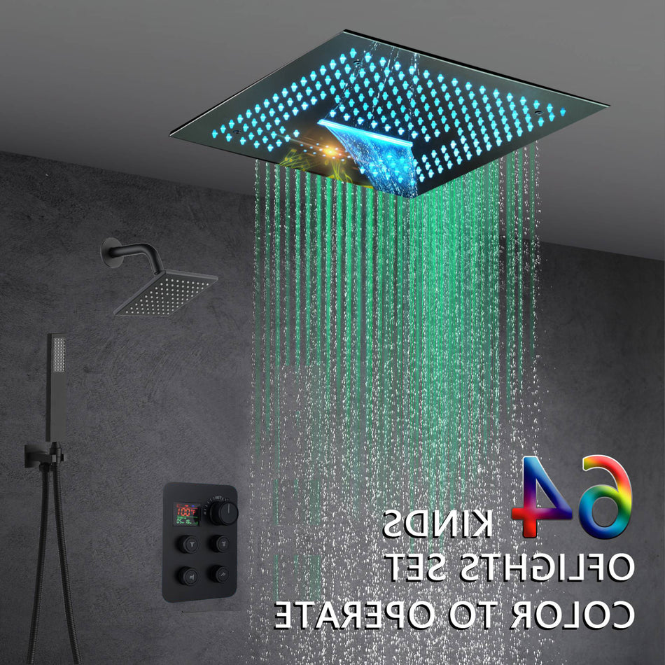 16-Inch Brushed Gold or brushed nickel or matte black Flush Mount rainfall waterfall Shower Faucet Set: 4-Way Thermostatic Control, 64-Color LED Lights, Bluetooth Music, and Regular Head