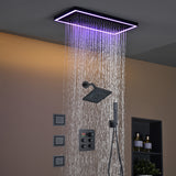 Matte black or Brushed nickel or Brushed Gold 16 x 8-Inch Rainfall Flush Mount Shower Head with 4-Way Digital Display Thermostatic Faucet, Body Jets, and High-Pressure Wall Mount Head