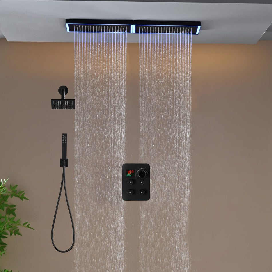 Flush Mount 32 x 8 inch Rainfall 64 LED Light Shower Head with 4-Way Thermostatic Faucet and High-Pressure Regular Heads