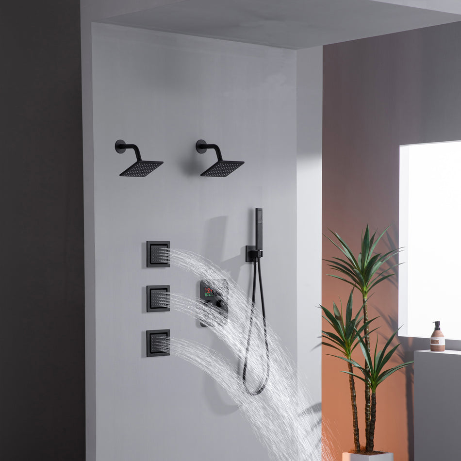 Dual Regular Heads with 4-Way Thermostatic Faucet and  Handle Shower and Body Jets