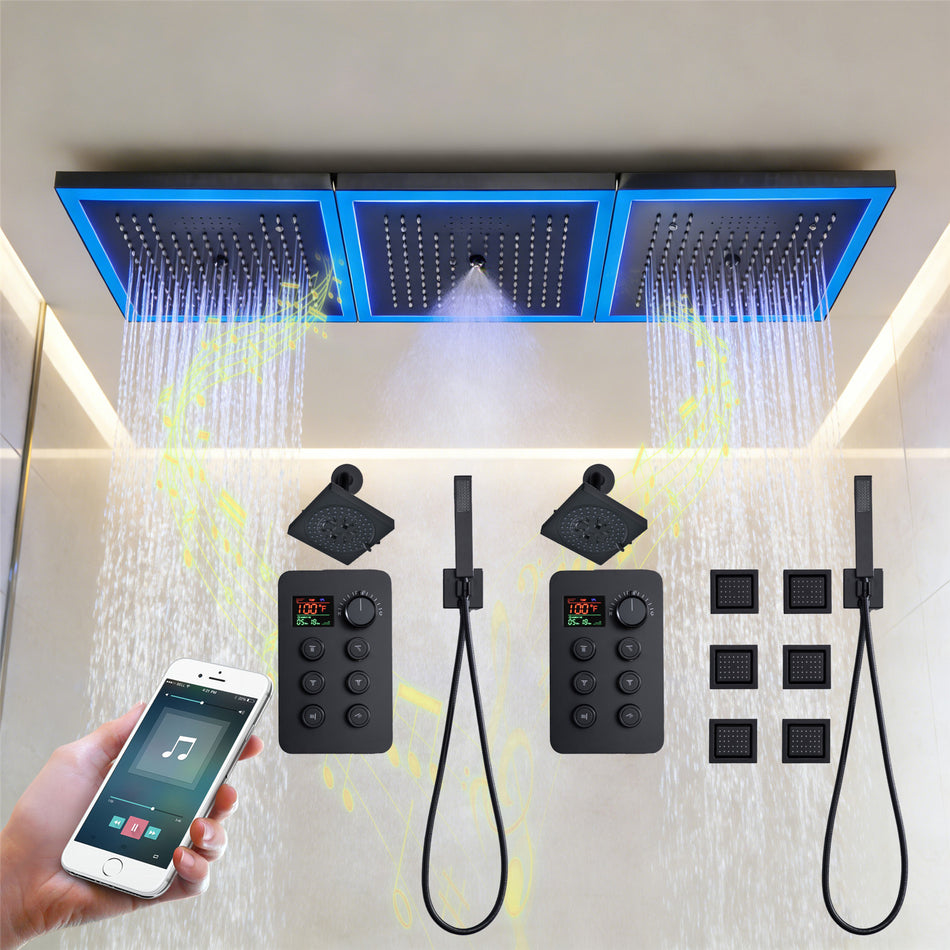 36 x 12 inch rainfall mist 64 led light bluetooth music shower head 12 way shower faucet with regular head and handle wand