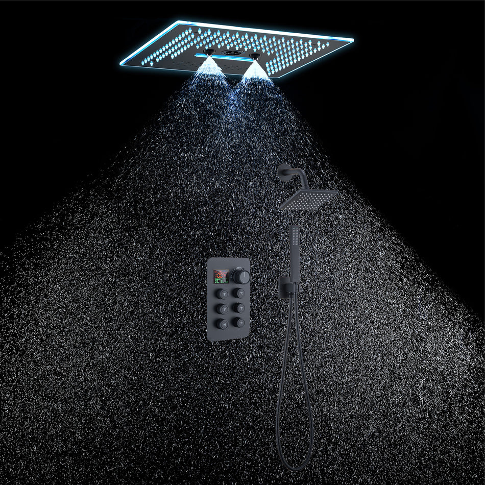 16-Inch Rainfall Waterfall Mist Water Column Flush Mount Shower Faucet Set with 6-Way Thermostatic Control, 64-Color LED, Bluetooth Music, Rainfall-Waterfall-Mist Features, Rotating Hydro Jet, and Regular Head