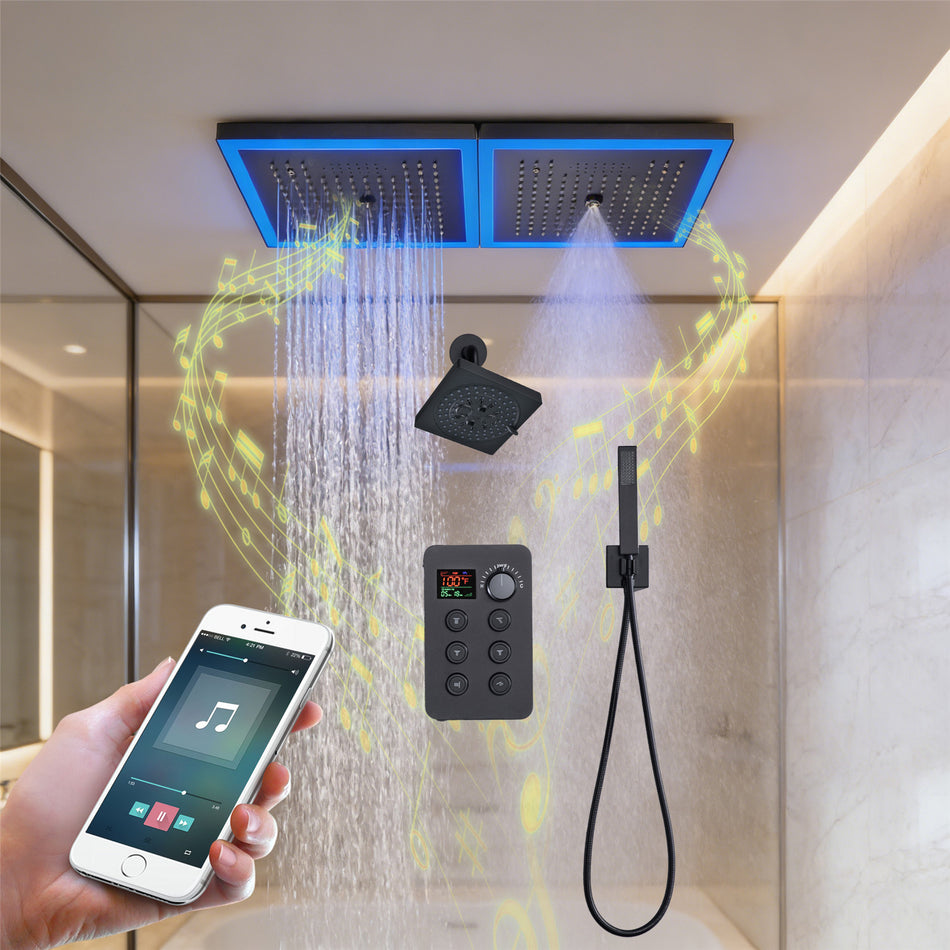 24 x 12 inch rainfall mist 64 led light bluetooth music shower head 6 way shower faucet with regular head and handle wand