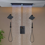 Flush Mount 32 x 8 inch Rainfall 64 LED Light Shower Head with 6-Way Thermostatic Faucet and High-Pressure Regular Heads