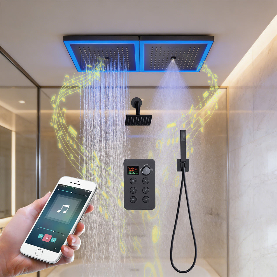 24 x 12 inch rainfall mist 64 led light bluetooth music shower head 6 way shower faucet with regular head and handle wand