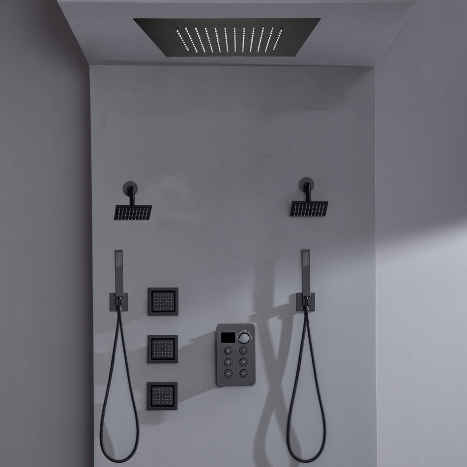 Bluetooth Music LED 6-Way Digital Thermostatic Shower  System with Rainfall,3 Body Jets, Dual Regular Head