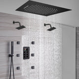 20-Inch Matte Black Flush or Ceiling Mount Rainfall Waterfall Shower System: Complete with 6-Way Thermostatic Valve and 6 Body Jets and Dual Regular Head