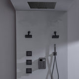 24 inch flush mount rainfall waterfall shower head 6 way thermostatic shower faucet with handle wand and Body Jet and dual regular headss