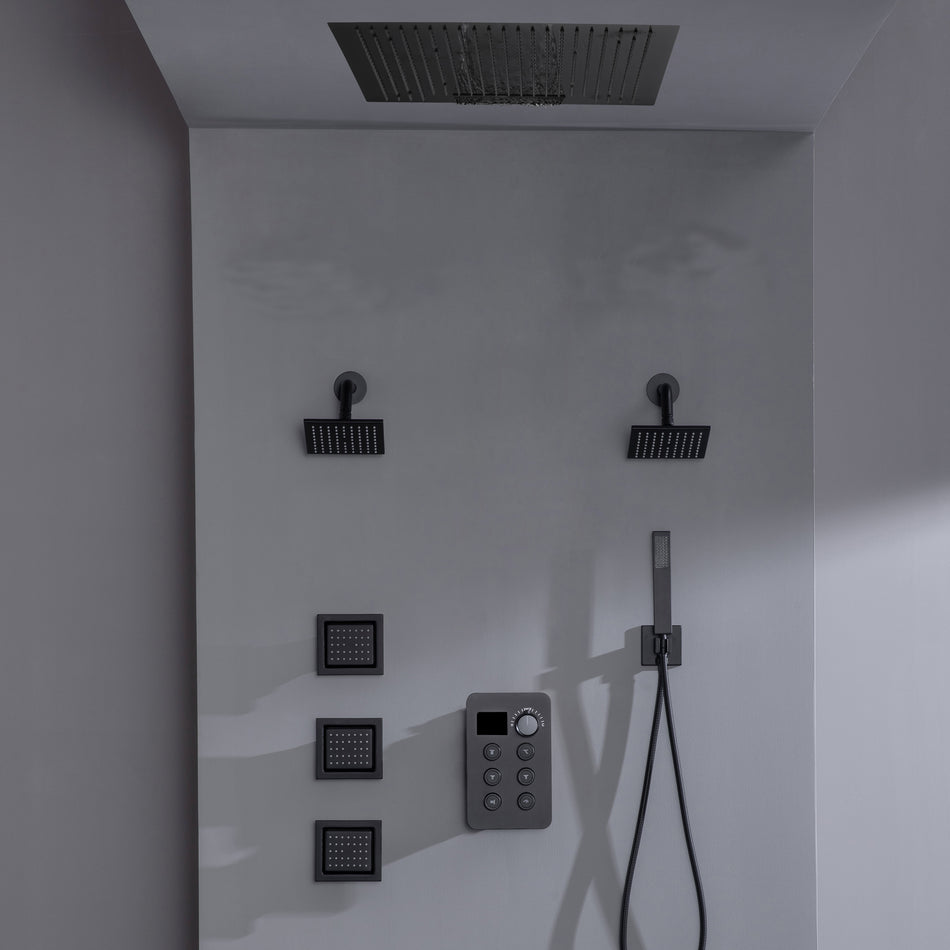 24 inch flush mount rainfall waterfall shower head 6 way thermostatic shower faucet with handle wand and Body Jet and dual regular headss