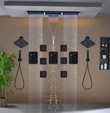 Flush Mount 48 x 8 inch Rainfall Waterfall 64 LED Light Shower Head with 9-Way Thermostatic Faucet and High-Pressure Wall Mount Regular Shower Head and 6 Body Jets
