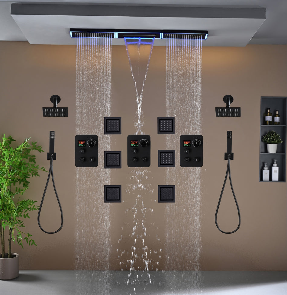 Flush Mount 48 x 8 inch Rainfall Waterfall 64 LED Light Shower Head with 9-Way Thermostatic Faucet and High-Pressure Wall Mount Regular Shower Head and 6 Body Jets