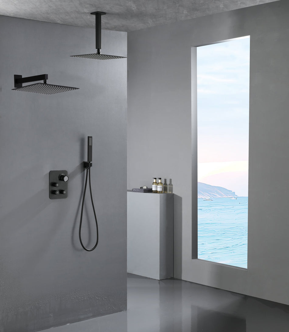 matte black wall mount rainfall shower head ceiling mount rainfall shower head 3 way thermostatic shower faucet each function work all together and separately