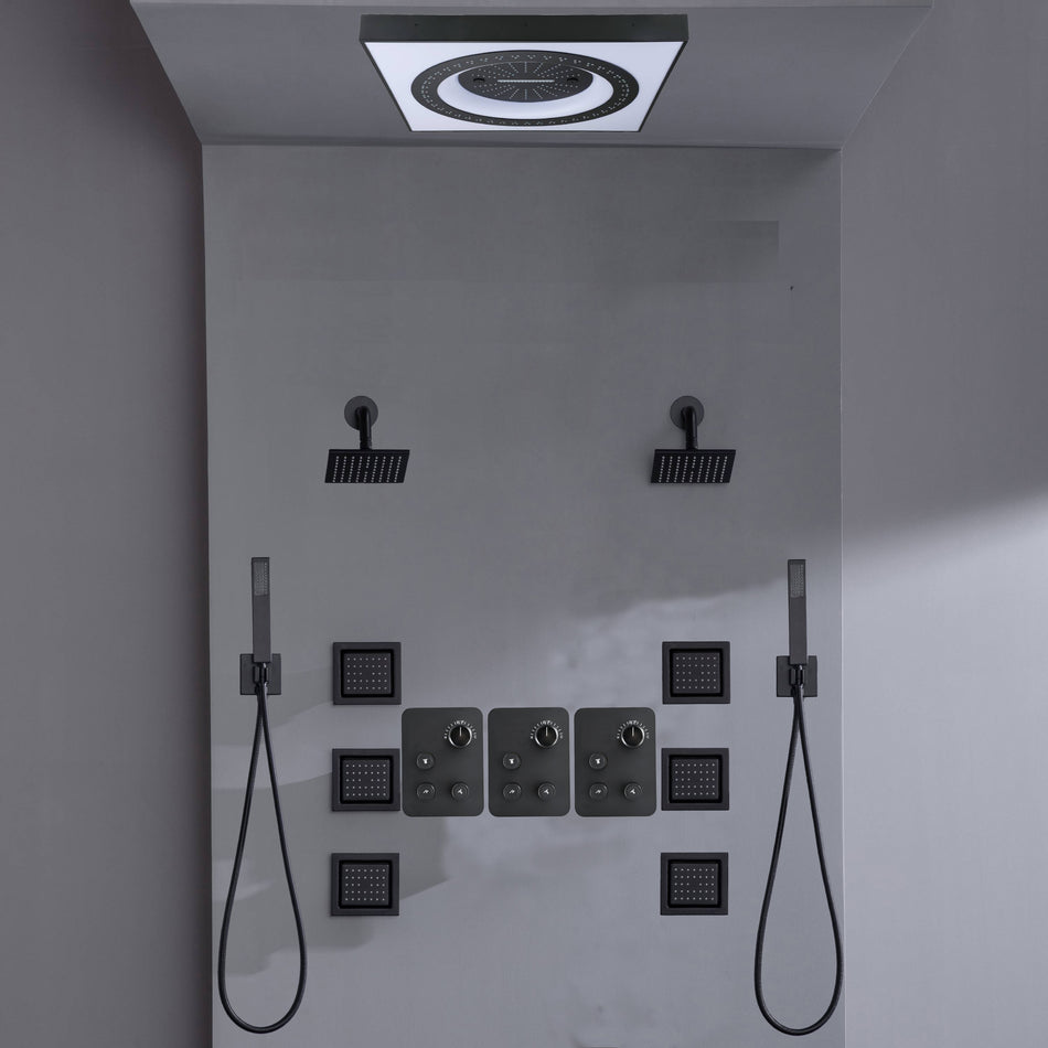 24" Flush Mount Shower Head with 9-Way Digital Faucet, Dual 6" Regular Heads, 6 Body Jets and Dual Handle Wands