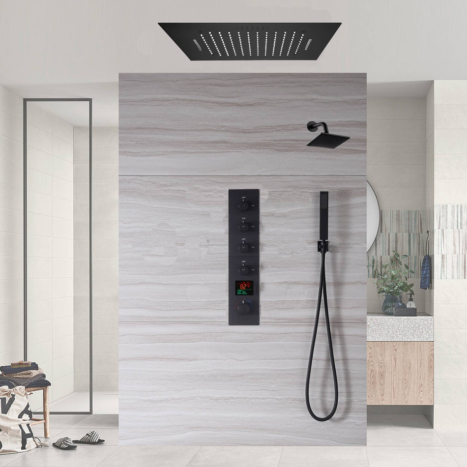 20-Inch Flush-Mount Rainfall and Waterfall Shower System: 4-Way Thermostatic Control, 64-Color LED Lights, Bluetooth Music, Optional Digital Display, and Regular Head