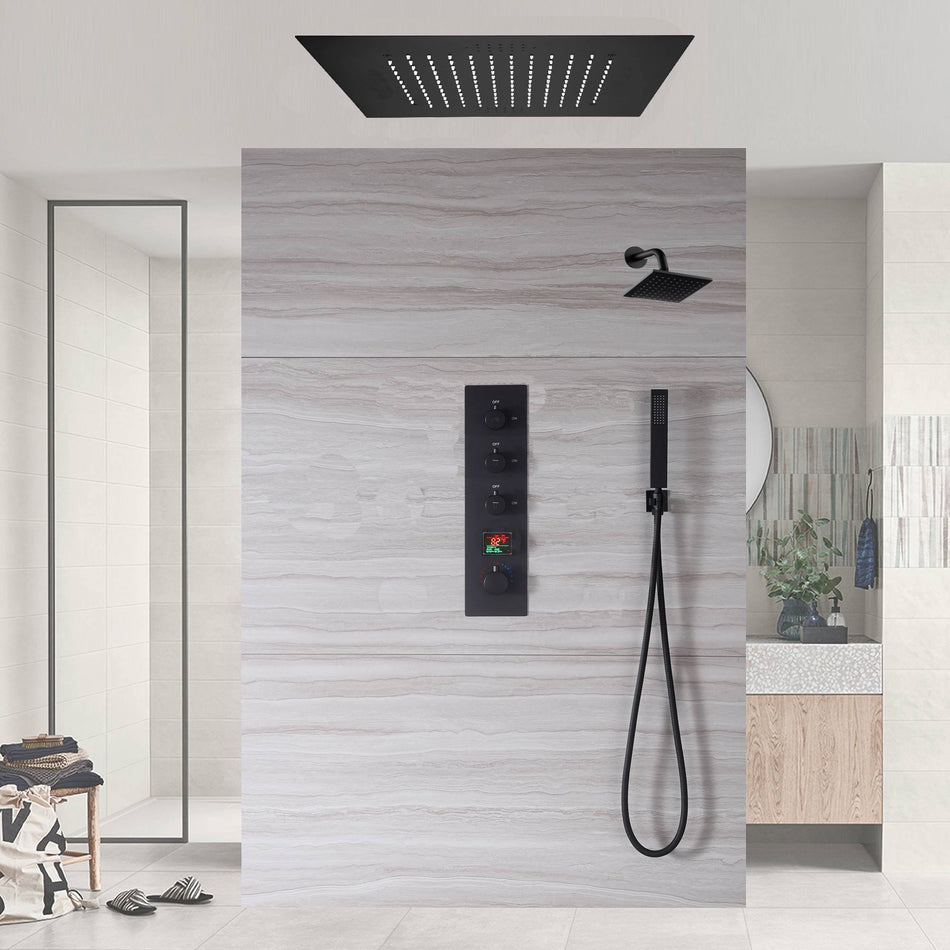 Matte Black Flush Mounted 20" or 24" Rain Head Shower with 3-Way Thermostatic System