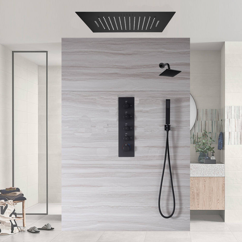 20-Inch Flush-Mount Rainfall and Waterfall Shower System: 4-Way Thermostatic Control, 64-Color LED Lights, Bluetooth Music, Optional Digital Display, and Regular Head