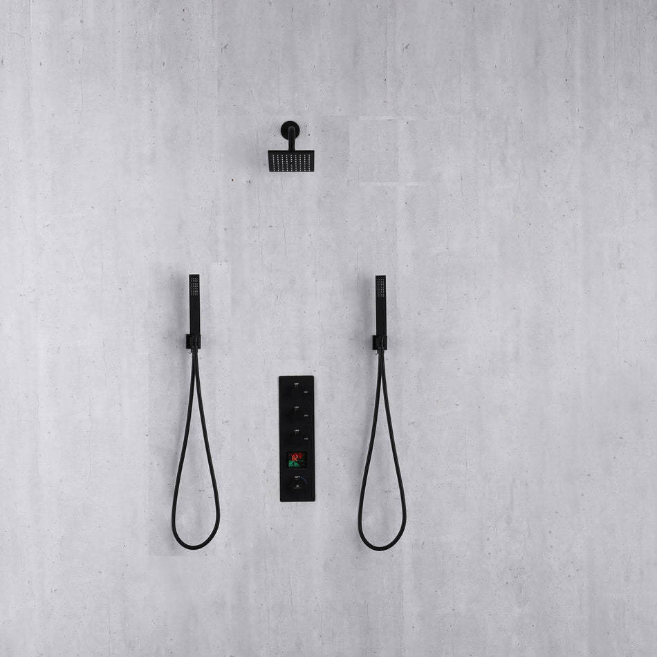 Matte Black 6-Inch Wall Mounted Shower Head with 3-Way Thermostatic Shower Faucet and Dual Handle Control