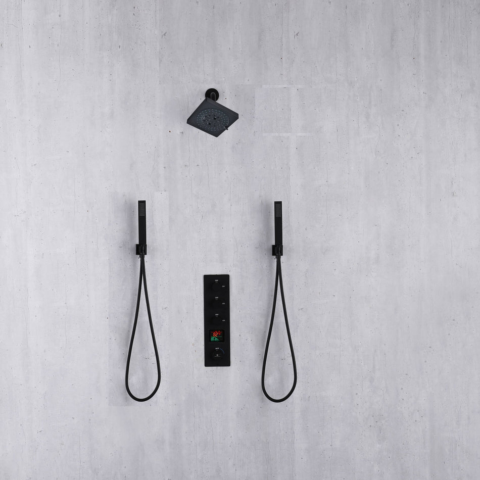 Matte Black 6-Inch Wall Mounted Shower Head with 3-Way Thermostatic Shower Faucet and Dual Handle Control